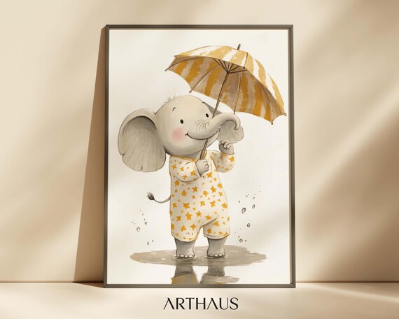 Baby Elephant With Yellow Umbrella Star Pajamas Nursery Wall Art