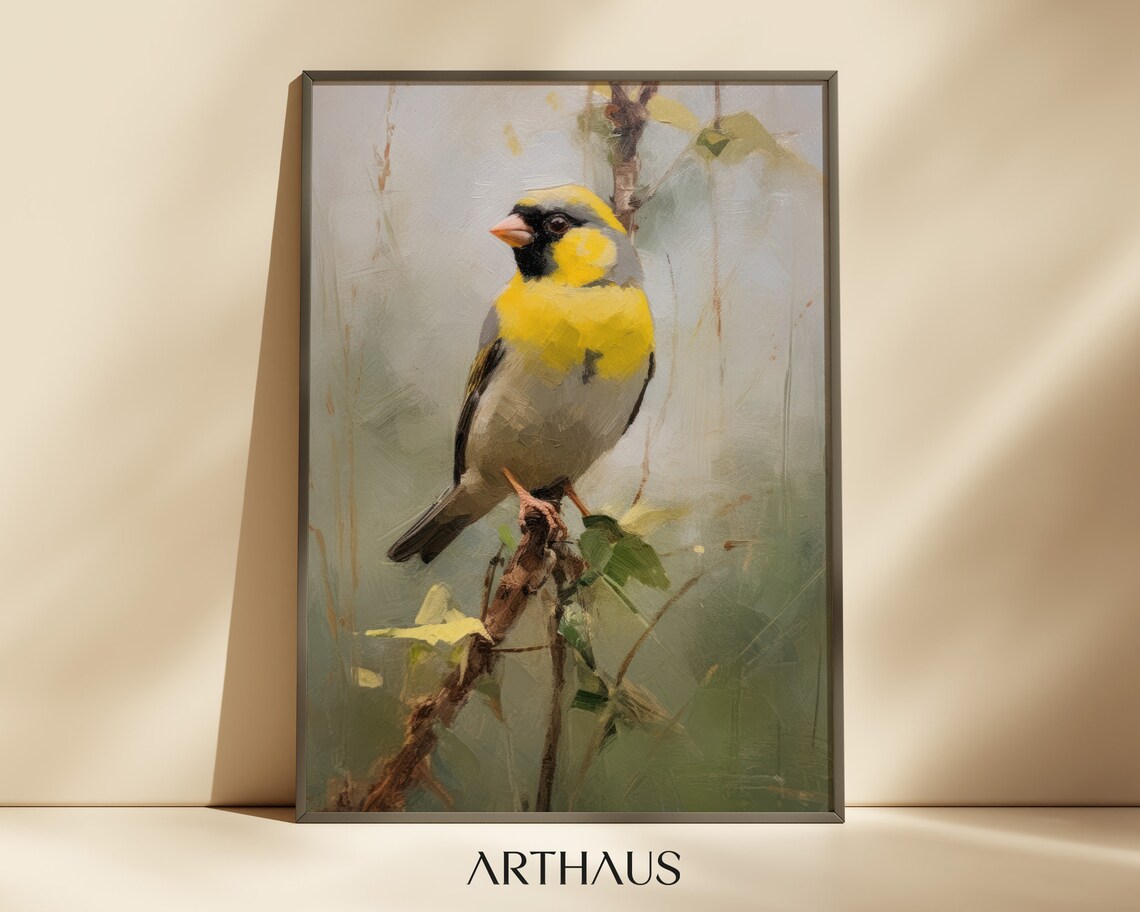 Small Yellow Songbird Perched on Branch Nature Painting Style Poster