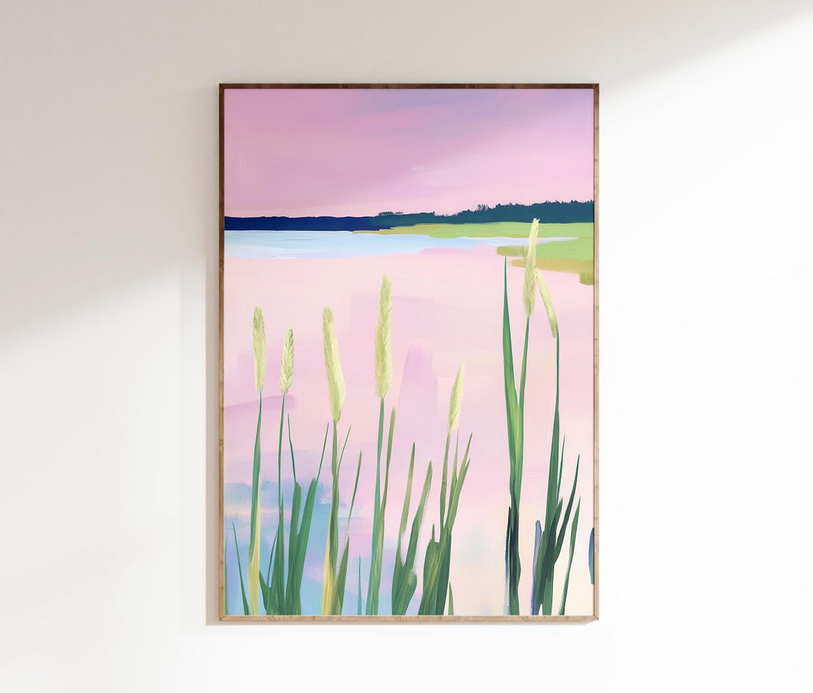 Pink Marsh Sunset Reeds Cottage Countryside Girly Landscape Art Poster