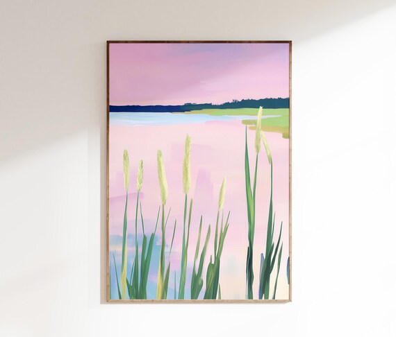 Pink Marsh Sunset Reeds Cottage Countryside Girly Landscape Art Poster