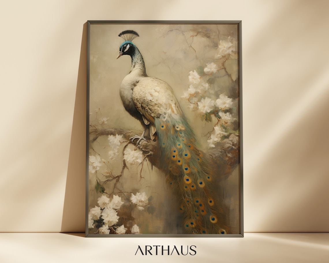 Vintage White Peacock on Blossom Branch Antique Style Art Print