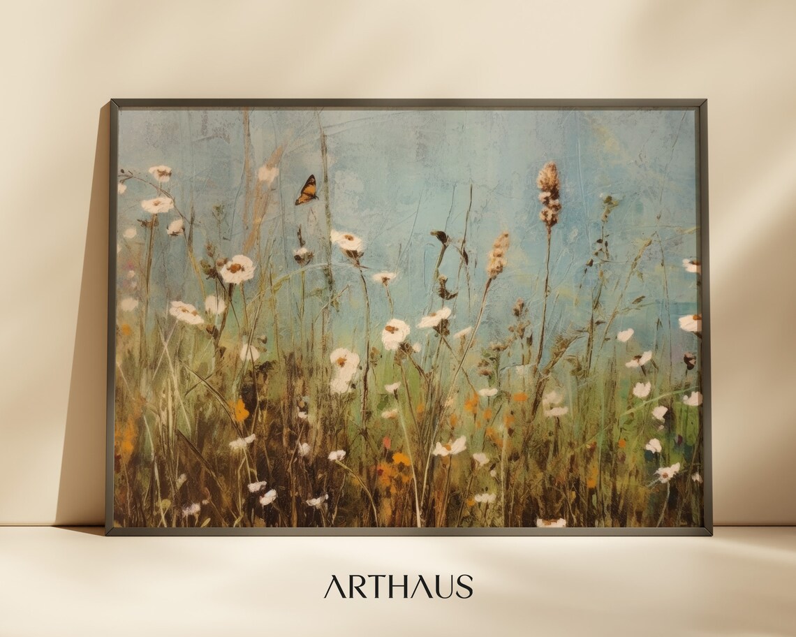 White Wildflower Field With Lone Butterfly Vintage Art Print