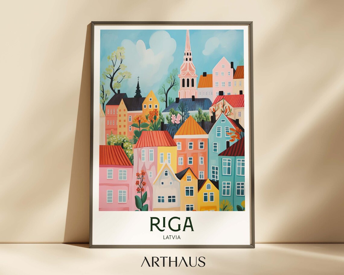Riga Latvia Pastel Old Town Church Spire City Travel Art Poster