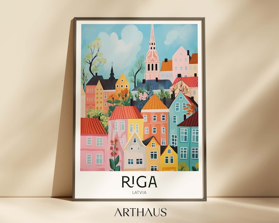 Riga Latvia Pastel Old Town Church Spire City Travel Art Poster