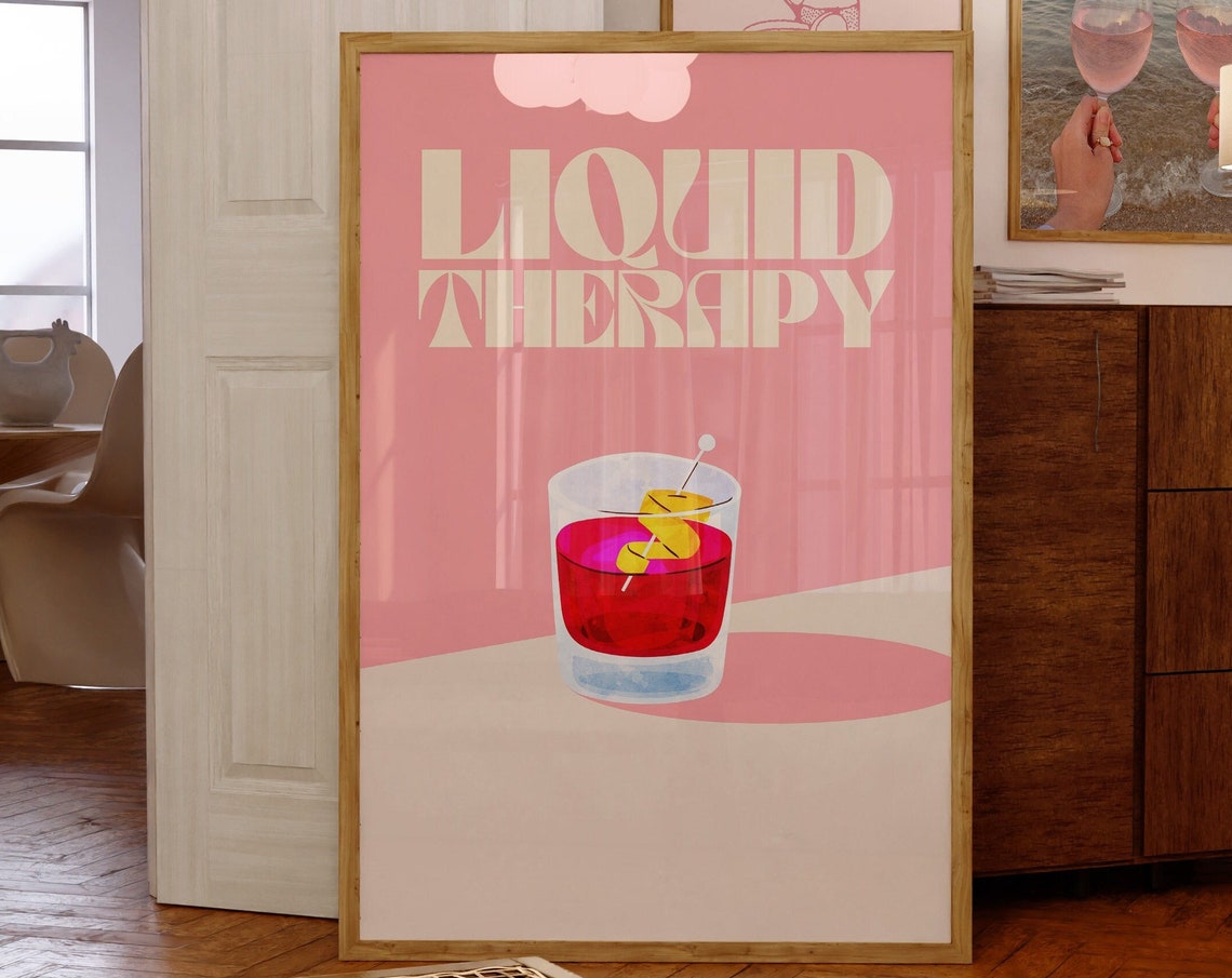 Pink Liquid Therapy Retro Cocktail Illustration Preppy Bar Poster
