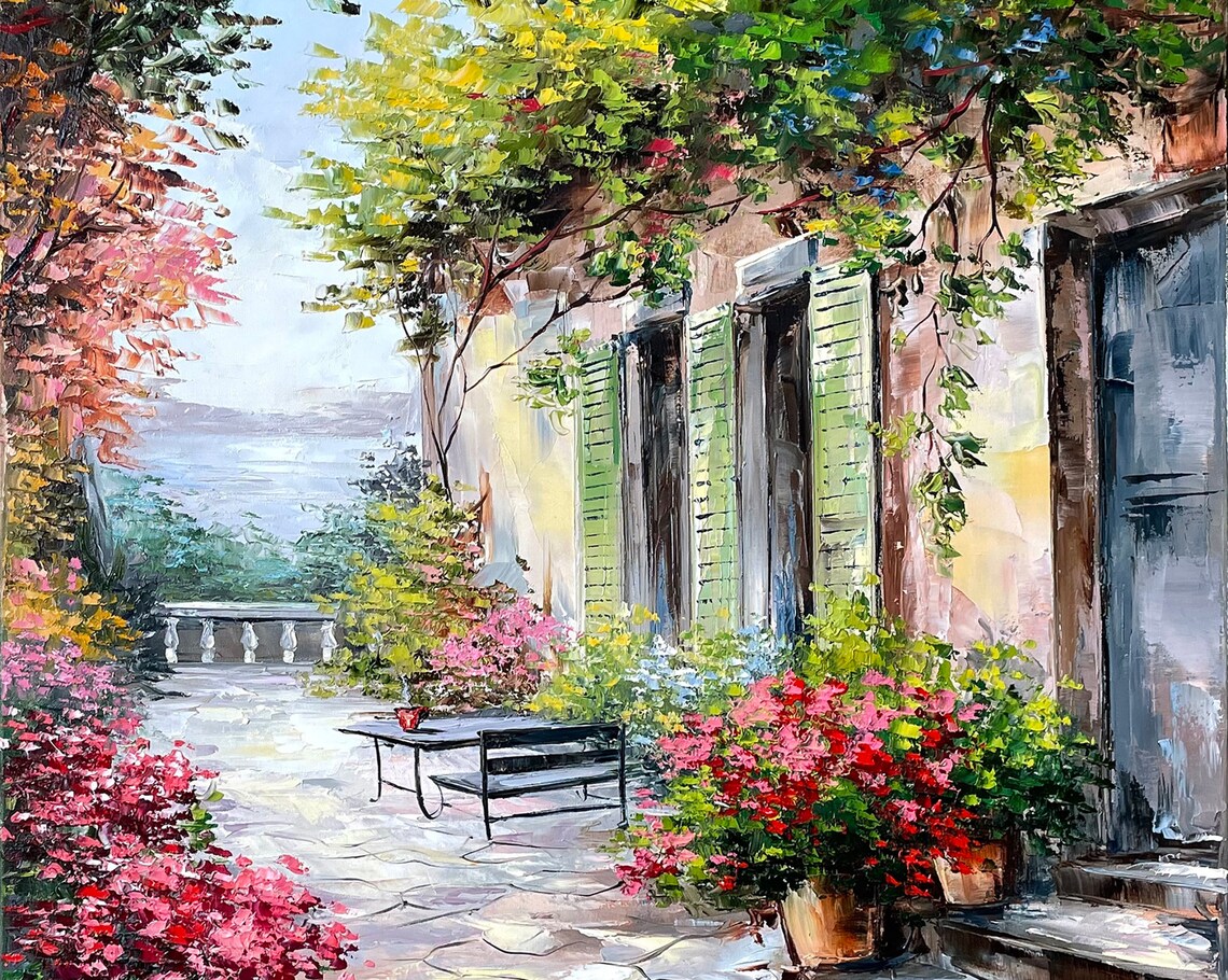 Tuscany Village Oil Painting Art Print, Italian Architecture