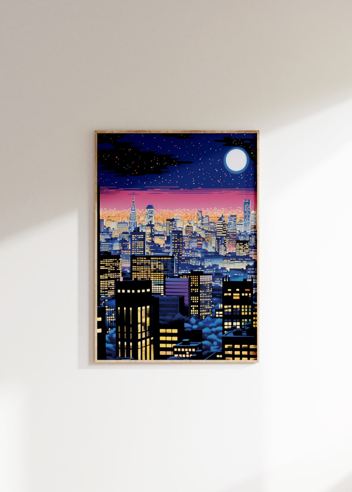 Starry Night City Full Moon Glowing Windows City Pop Art Poster