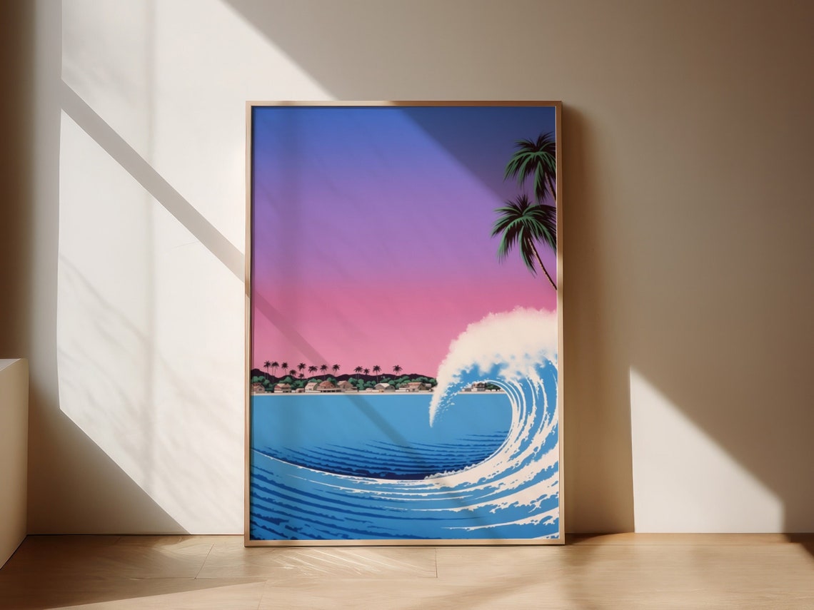 City Pop Ocean Wave Tropical Pink Purple Sunset Beach Poster