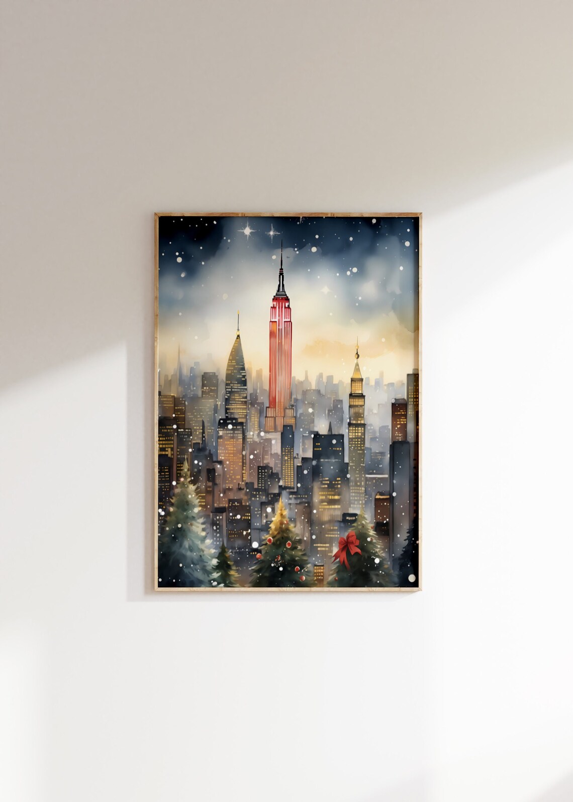 New York Christmas Watercolor Empire State Snow Skyline Poster