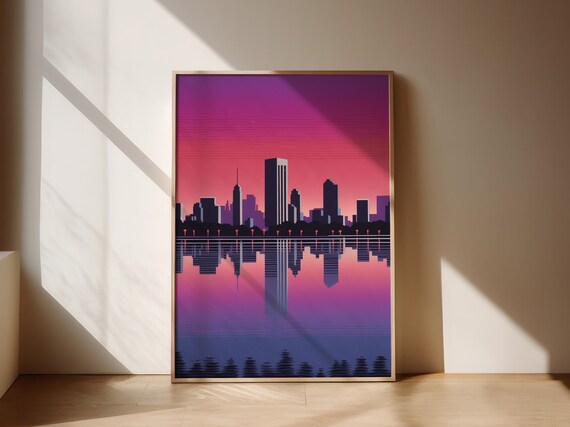 City Pop Synthwave Skyline Mirrored Neon Sunset Water Poster