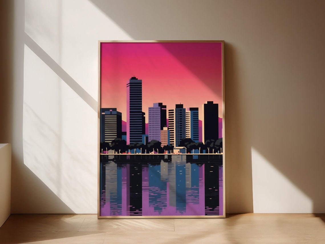 Retro Sunset Skyline Pink Sky Water Reflection City Pop Poster