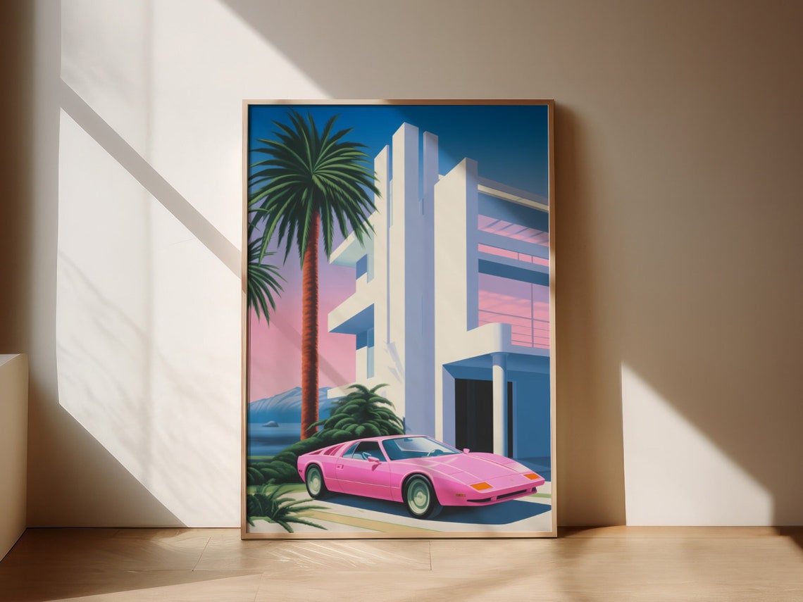 Pink Retro Sports Car Seaside Villa City Pop 80s Style Art Poster
