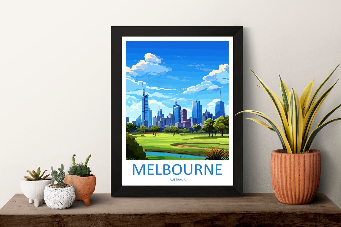 Melbourne Skyline over Green Parklands Australia Travel Poster - Image 3