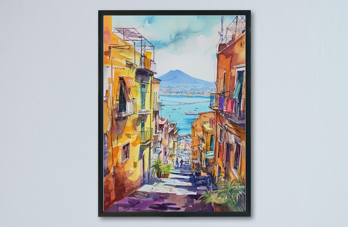 Naples Italy Street Bay Mount Vesuvius Watercolor Cityscape Poster