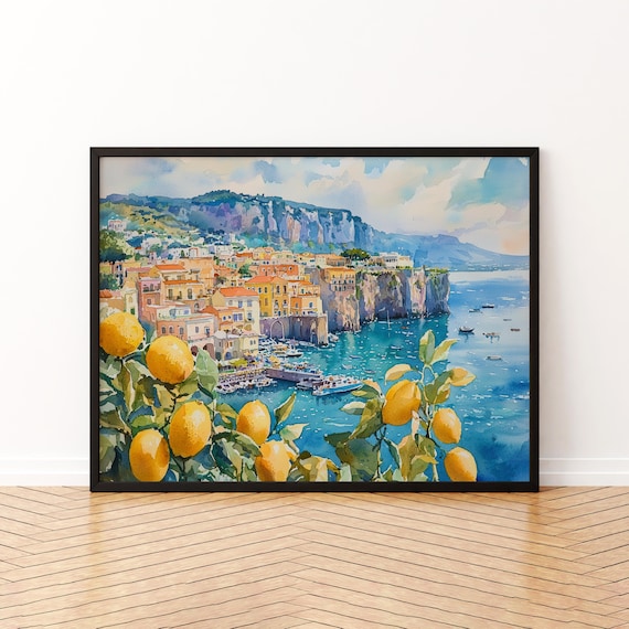 Sorrento Amalfi Coast Lemon Trees and Cliffside Village Watercolor Poster