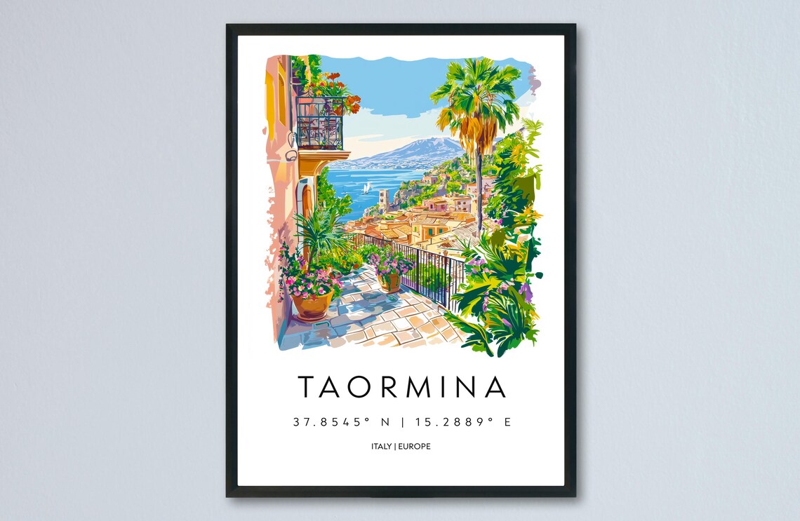 Taormina Italy Watercolor Travel Poster Terrace Overlooking The Sea