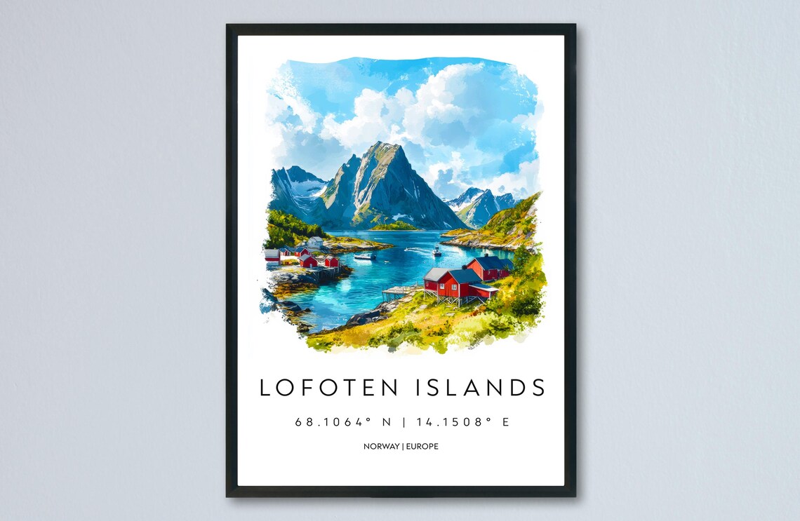 Lofoten Islands Norway Red Fishing Cabins Fjord Watercolor Poster