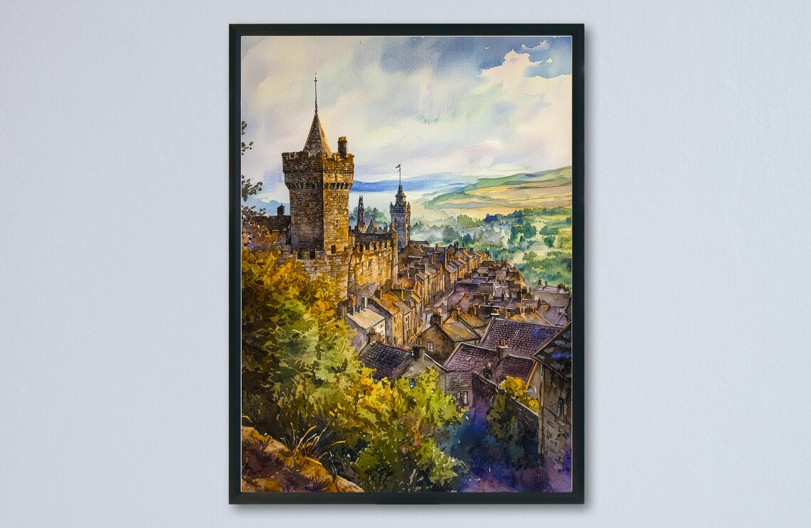 Stirling Scotland Castle Old Town Hill Watercolor Travel Poster
