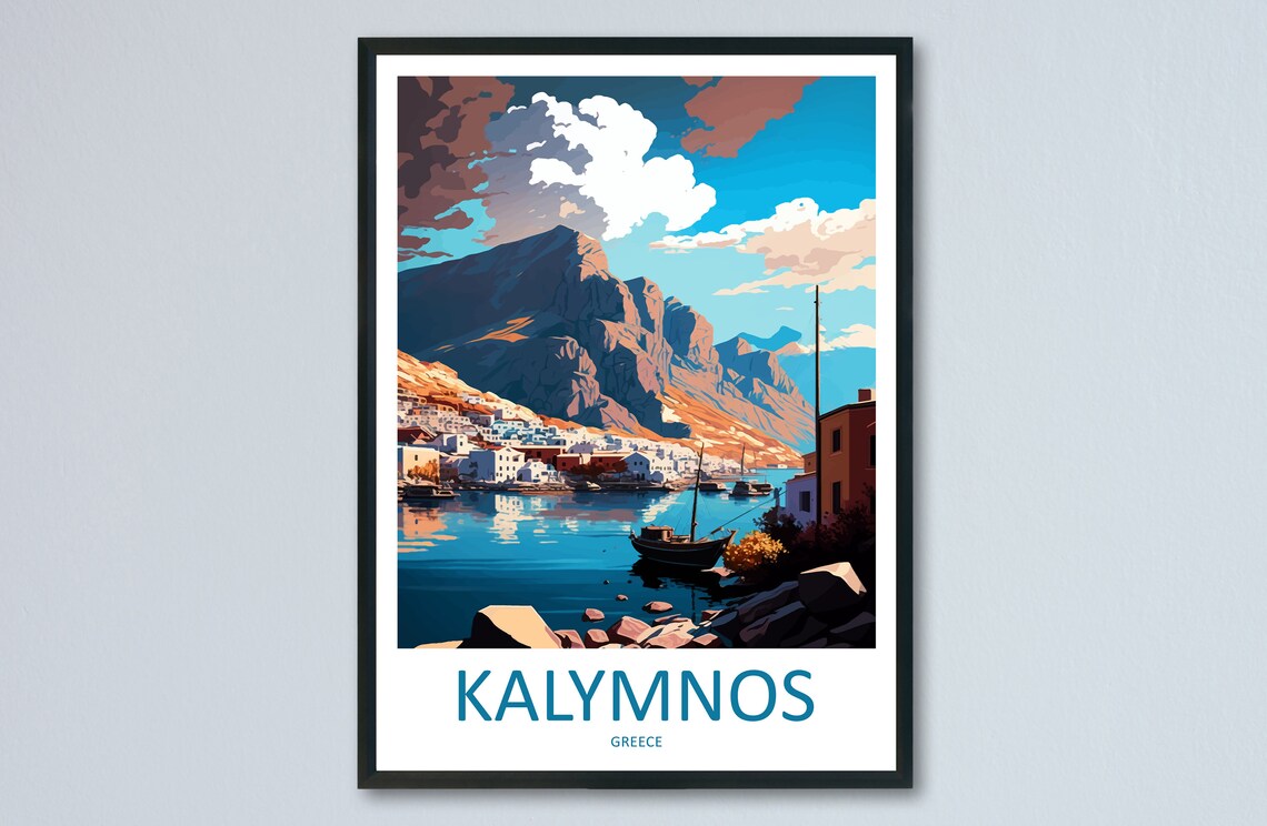 Kalymnos Greece Harbor Fishing Boat Rocky Peak Island Art Poster