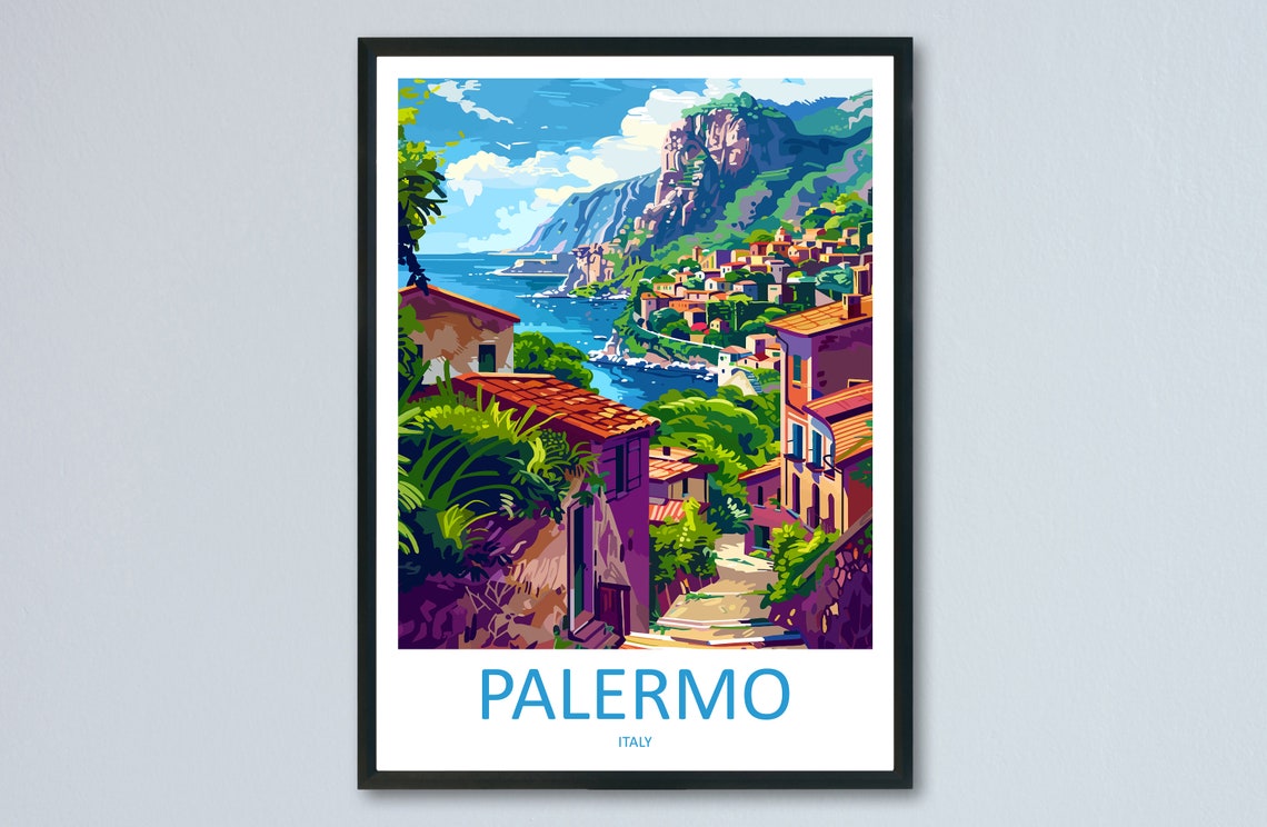 Palermo Sicily Italy Coastal Town Under Cliffs View Travel Poster