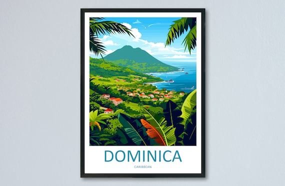 Dominica Caribbean Lush Jungle Mountain Coast Retro Travel Poster
