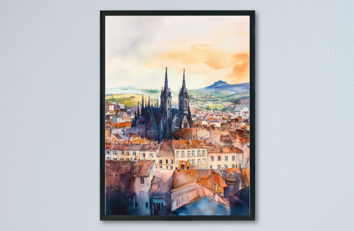 Clermont Ferrand Watercolor Poster Travel Print France Wall Art Decor Volcano City Scene French Landscape