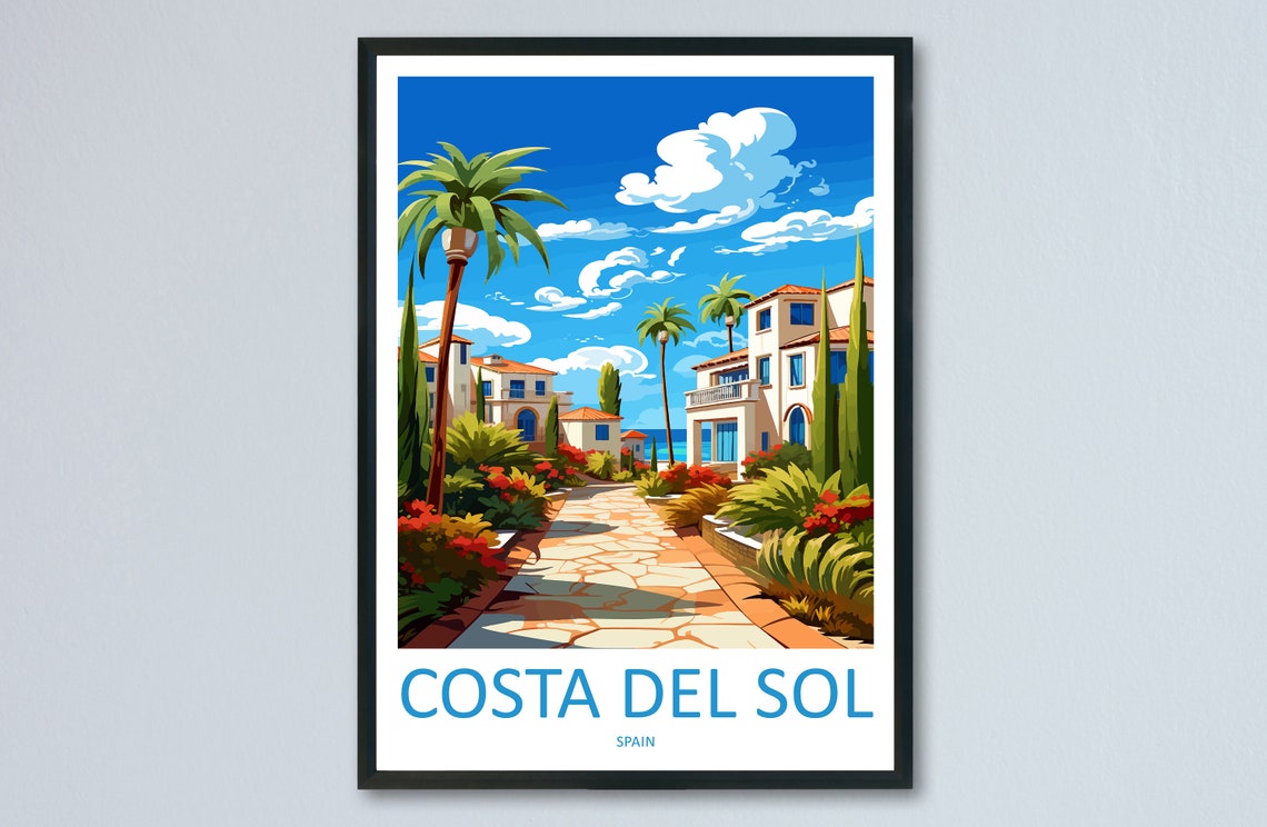 Costa Del Sol Spain Palm Villa Street Sunny Day Scene Poster