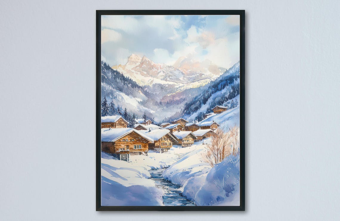 Wengen Switzerland Snowy Chalets Winter Valley Watercolor Poster