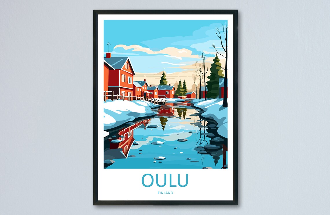 Oulu Finland Winter Snow Red Wooden Houses Vintage Travel Poster