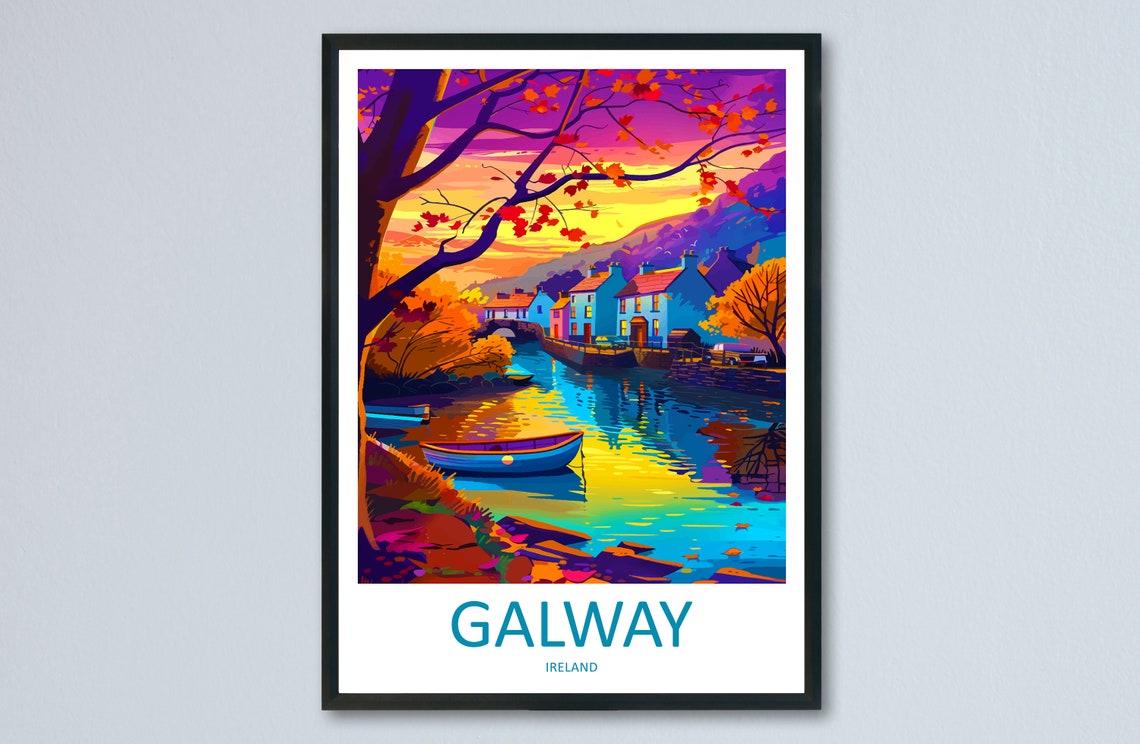 Galway Ireland Sunset River Village with Boats Autumn Travel Poster