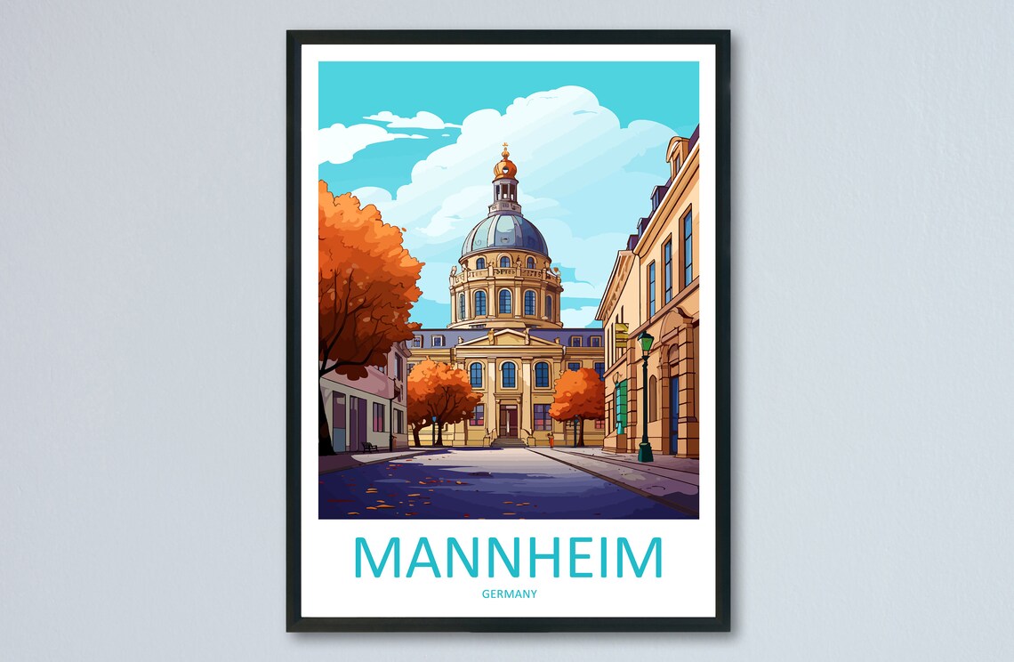 Mannheim Germany Domed Landmark Autumn Street Vintage Travel Poster