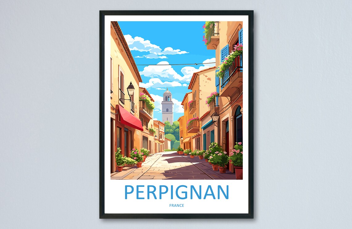 Perpignan France Sunny Flower Street Church Tower Travel Poster