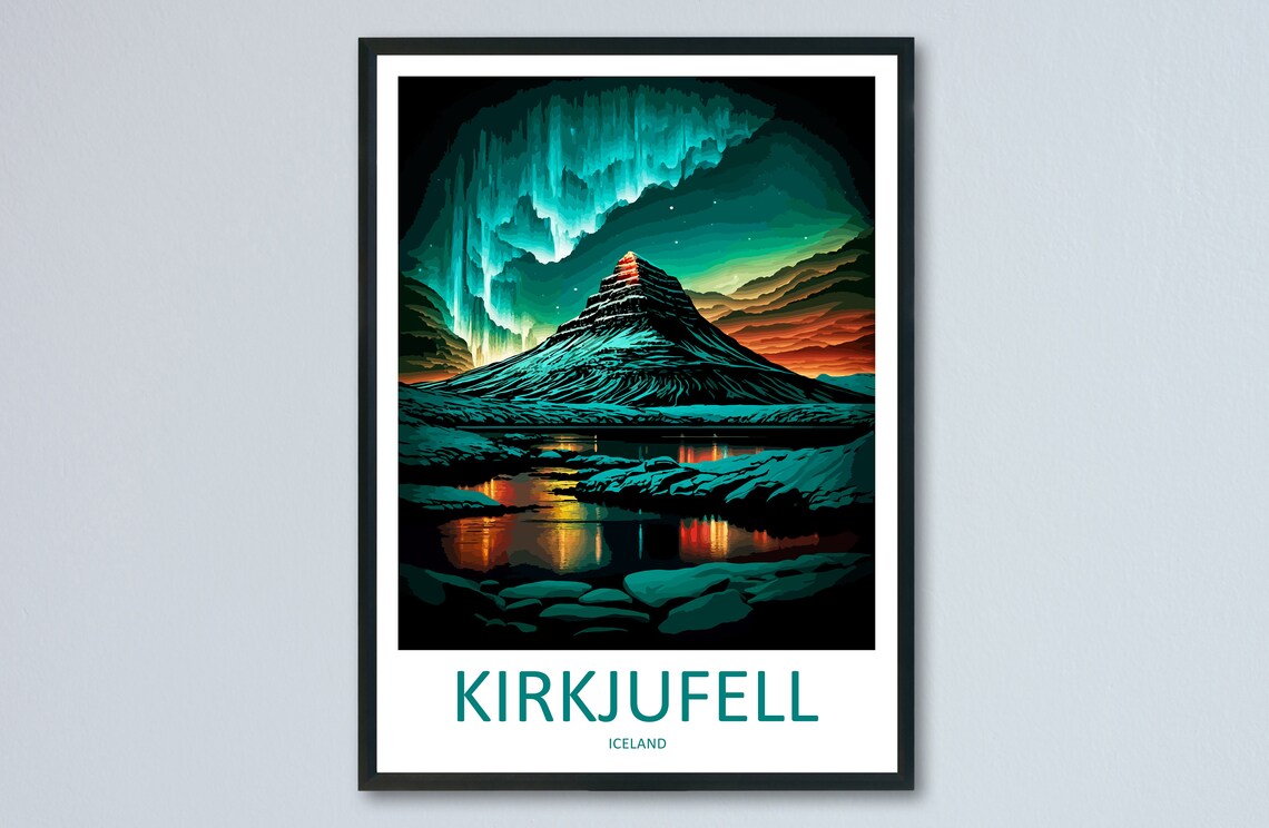 Kirkjufell Mountain Aurora Northern Night Sky Iceland Travel Poster