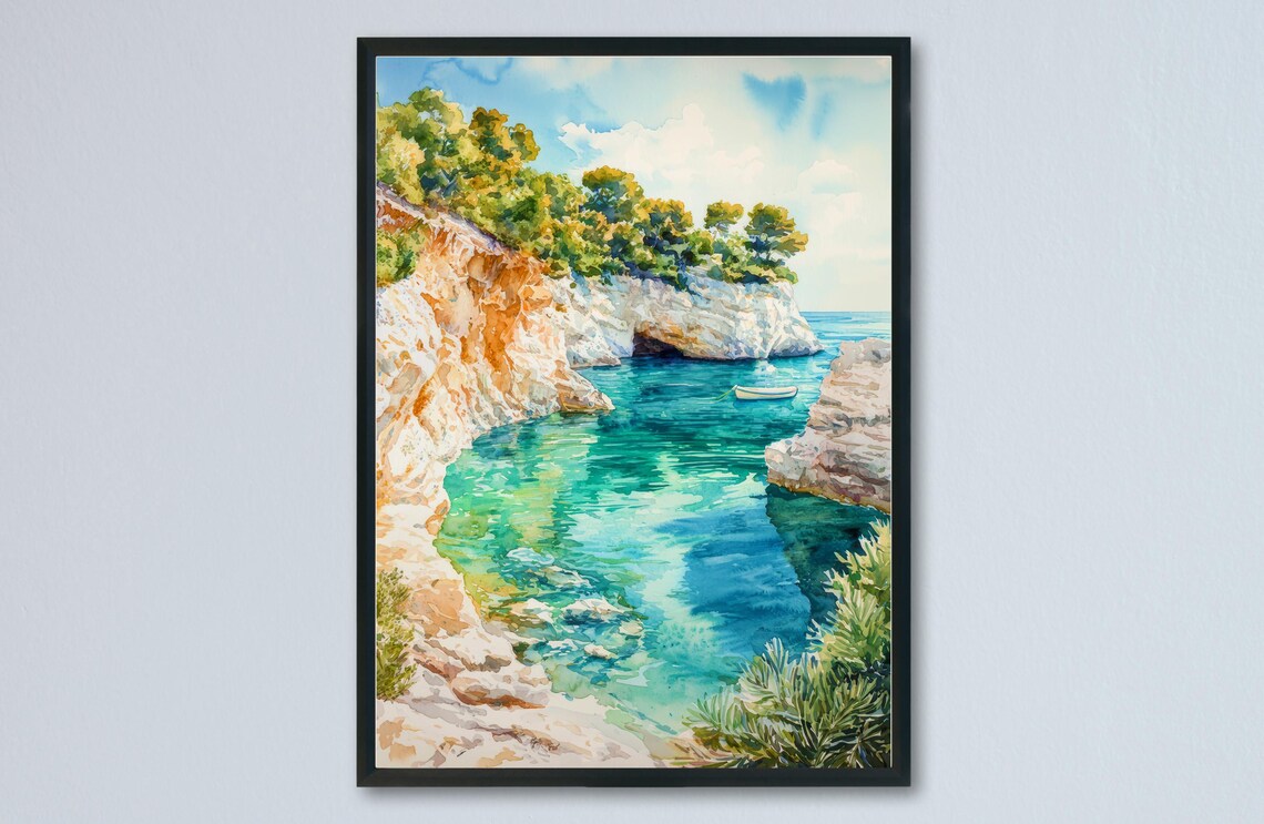 Paxos Greece Watercolor Rocky Cove Turquoise Bay Travel Poster