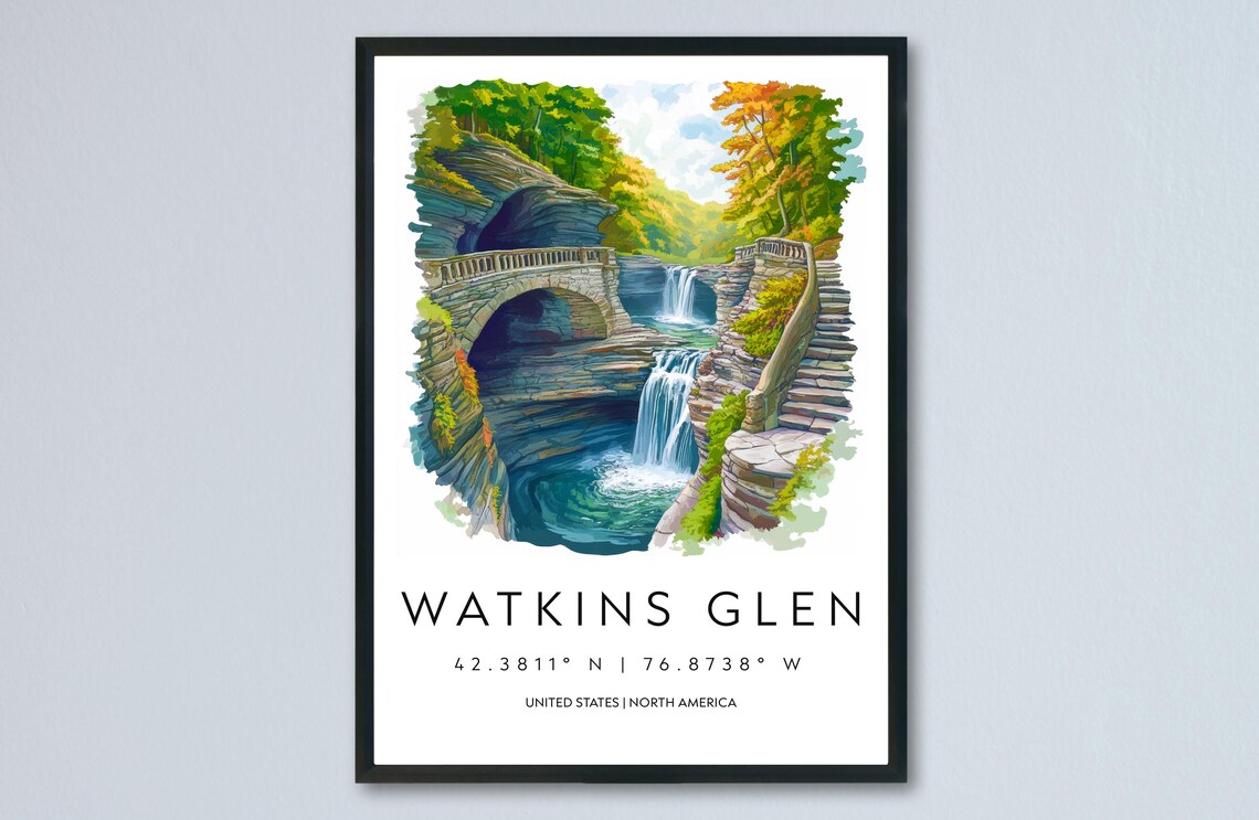 Watkins Glen State Park Gorge Waterfall Watercolor Travel Poster