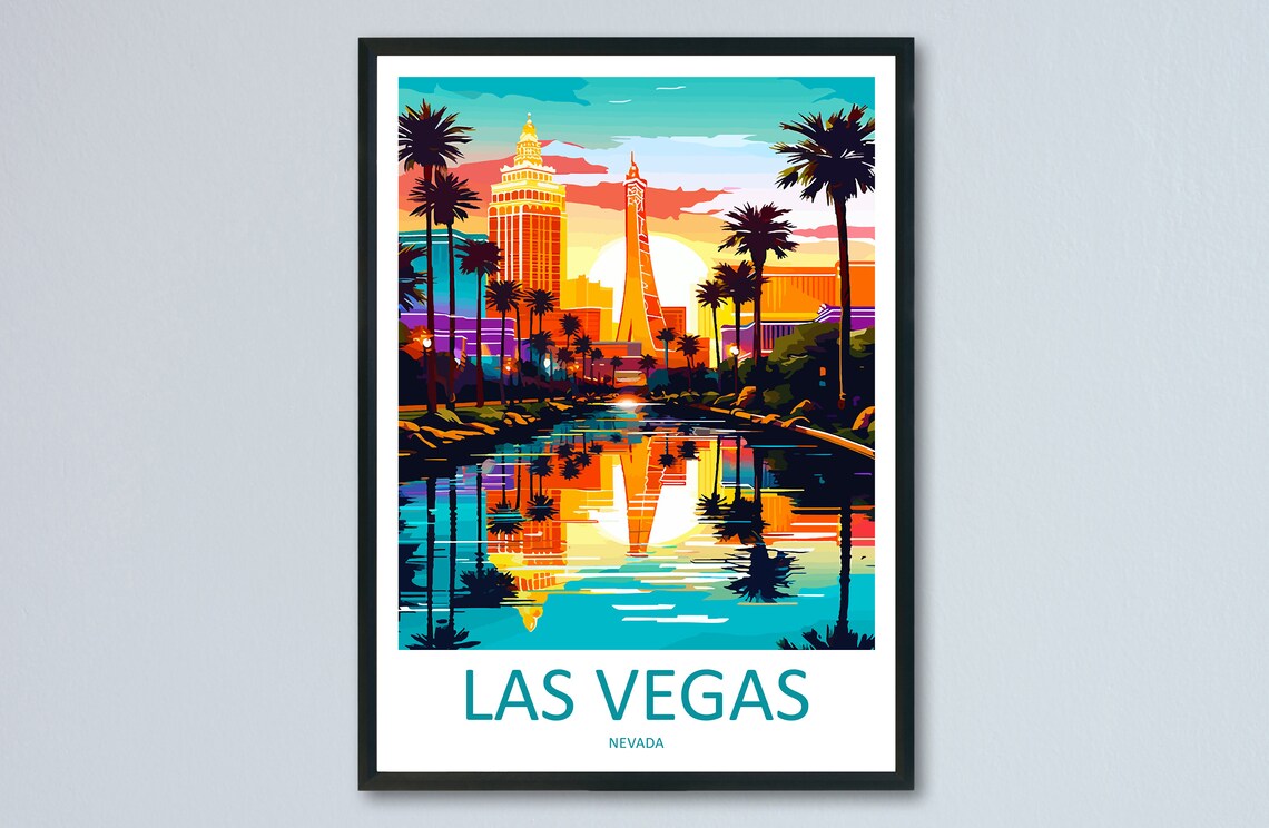 Las Vegas Nevada Sunset Skyline Neon Reflections Travel Poster
