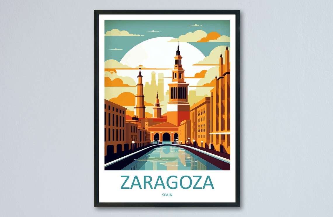 Zaragoza Spain Basilica Towers Riverside Sunset Travel Poster