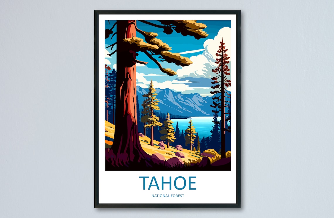 Tahoe National Forest Giant Redwood Lake Mountain Travel Poster