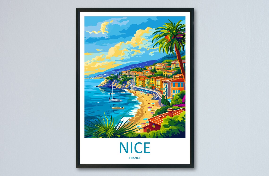 Nice France Beach Sunset Colorful Coastal City Travel Poster