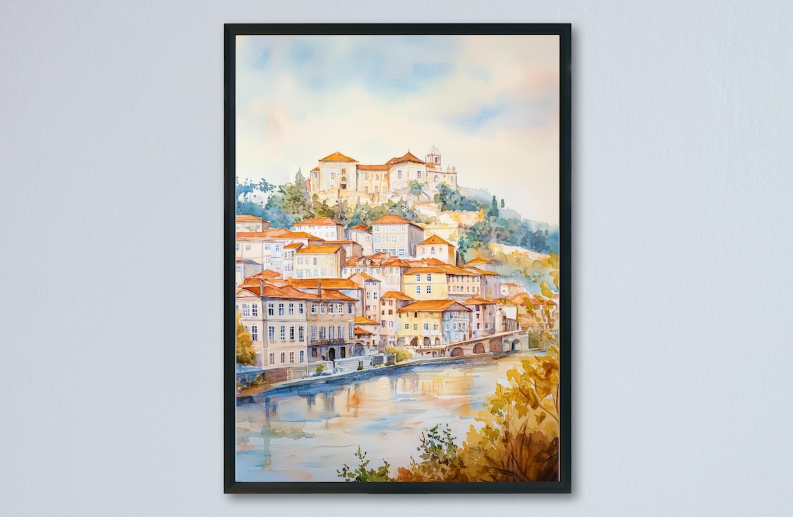 Coimbra Portugal Riverside Hilltop Old Town Watercolor Travel Poster