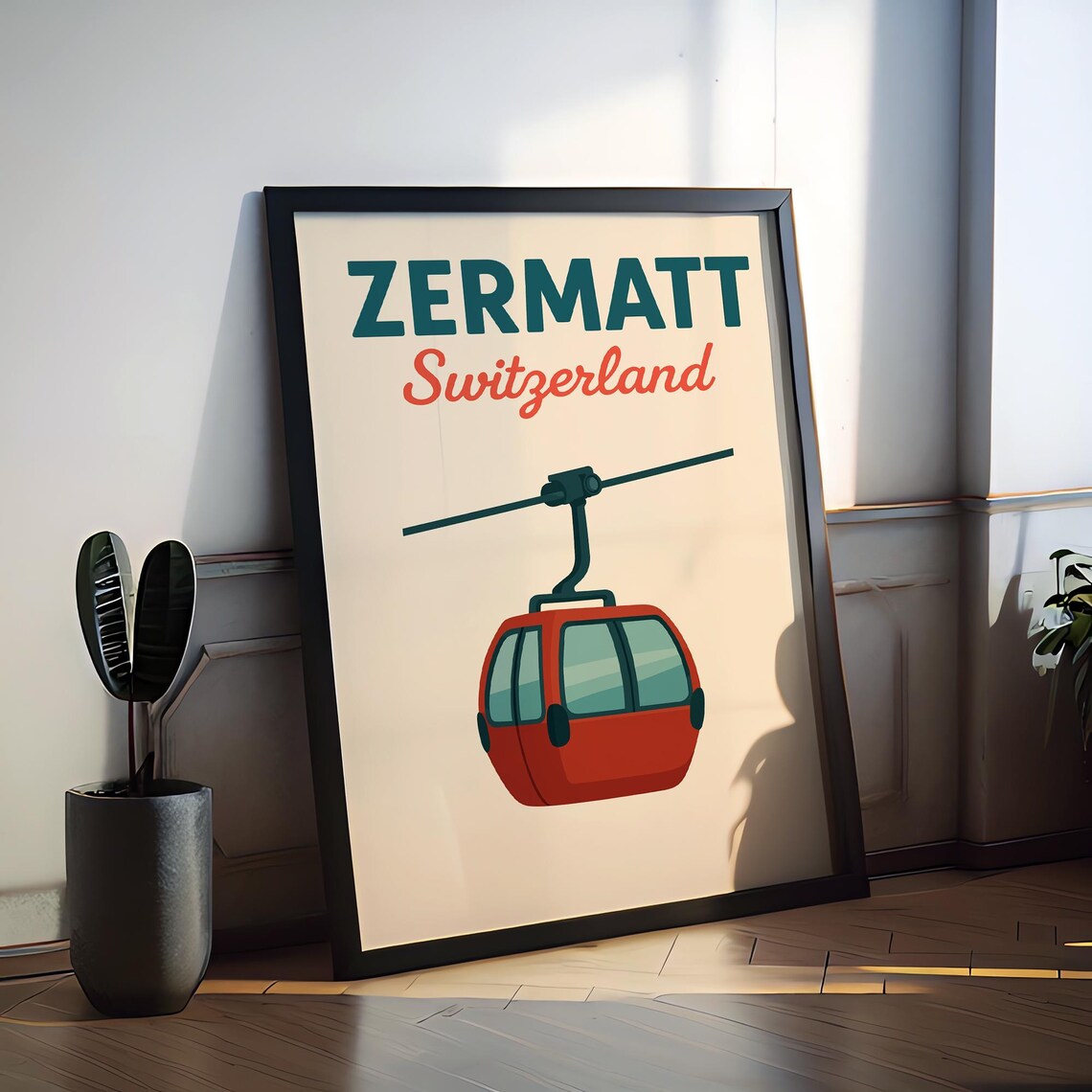 Zermatt Switzerland Red Cable Car Alpine Retro Travel Poster