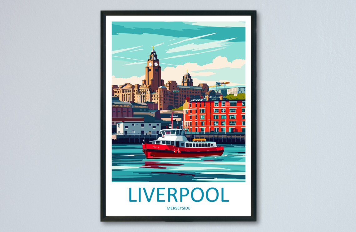 Liverpool England Waterfront Ferry Skyline Vintage Travel Poster