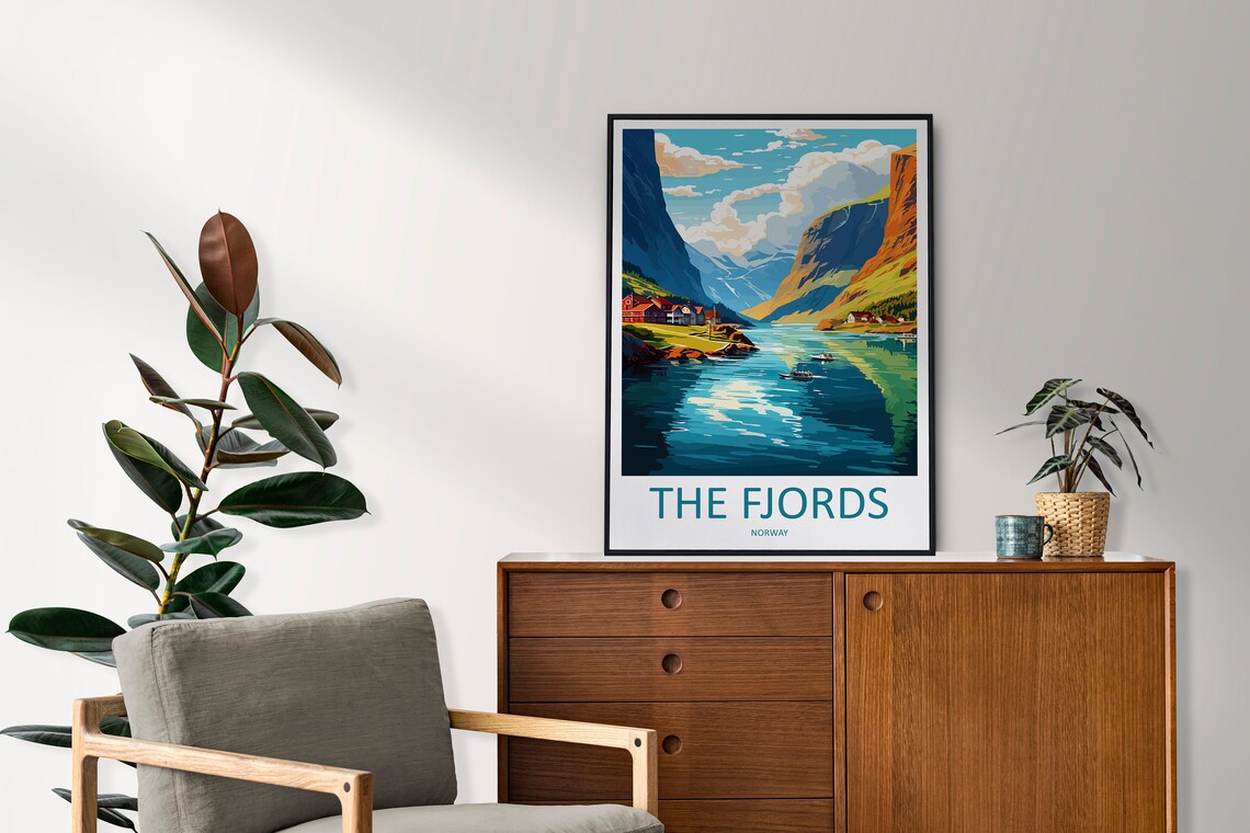 The Fjords Norway Dramatic Cliffs Village Boats Vintage Travel Poster - Image 2