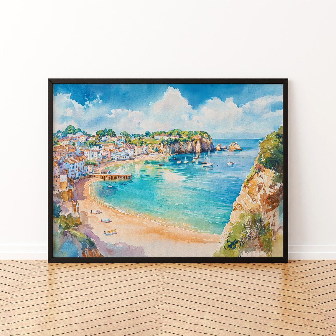 Torquay Devon Coastal Town Beach Bay Watercolor Travel Poster