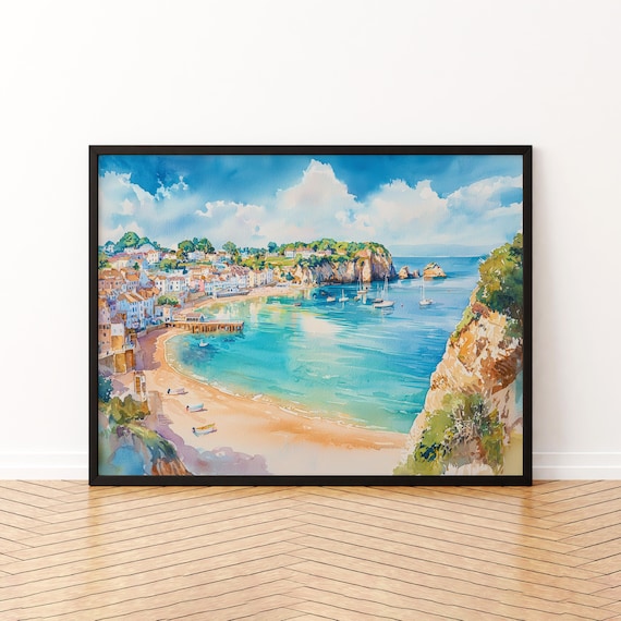 Torquay Devon Coastal Town Beach Bay Watercolor Travel Poster