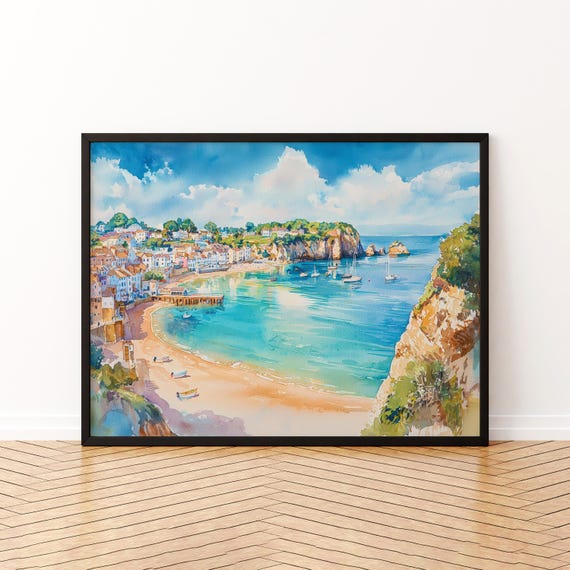 Torquay Devon Watercolor Poster Travel Print Coastal Town Painting Seaside Wall Art English Riviera Decor Souvenir
