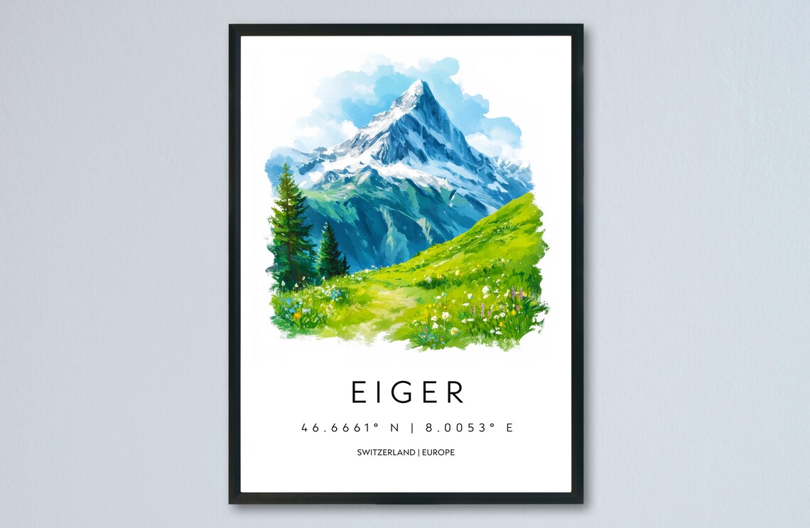 Eiger Switzerland Snow Peak Watercolor Mountain Landscape Poster