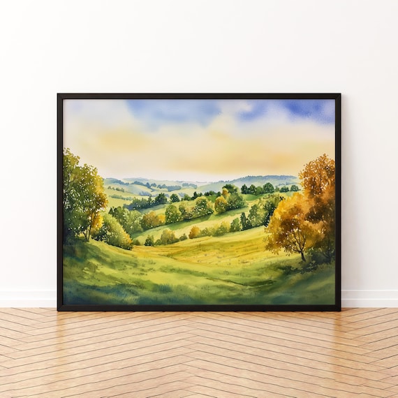 Surrey Hills England Watercolor Poster Rolling Green Hills Nature Decor
