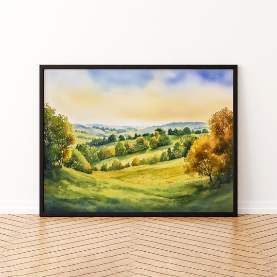 Surrey Hills England Watercolor Poster Travel Print Countryside Landscape Painting Wall Art Uk Souvenir
