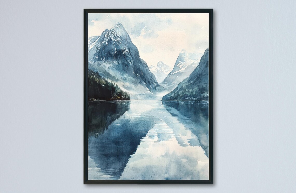 Norway Fjords Snowy Mountains Reflection Watercolor Travel Poster
